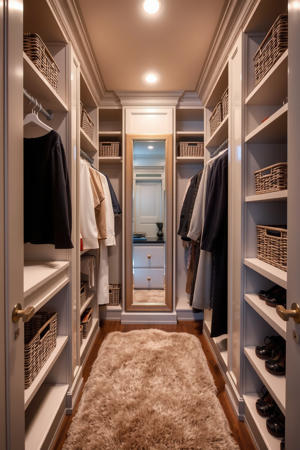 A stylish walk-in closet featuring built-in shelving and hanging rods for optimal organization. Baskets are neatly arranged on the shelves, providing a chic solution for storing accessories and shoes. The closet is illuminated with soft, warm lighting that highlights the elegant finishes. A plush area rug adds comfort underfoot, while a full-length mirror enhances the sense of space.