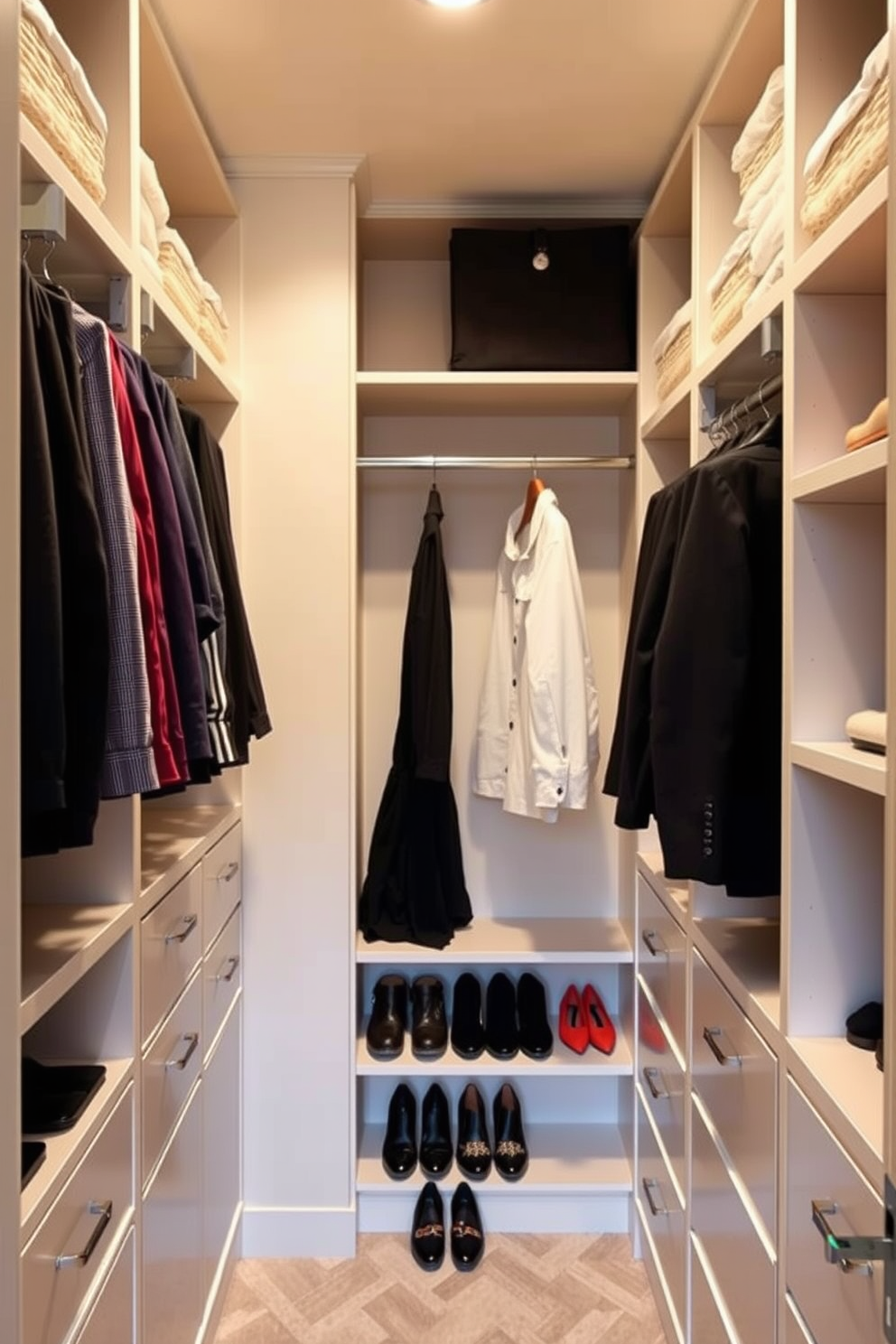 A narrow walk-in closet featuring sleek built-in shelving for organized storage. Hooks for bags and accessories are strategically placed on the walls, providing easy access and a stylish display.