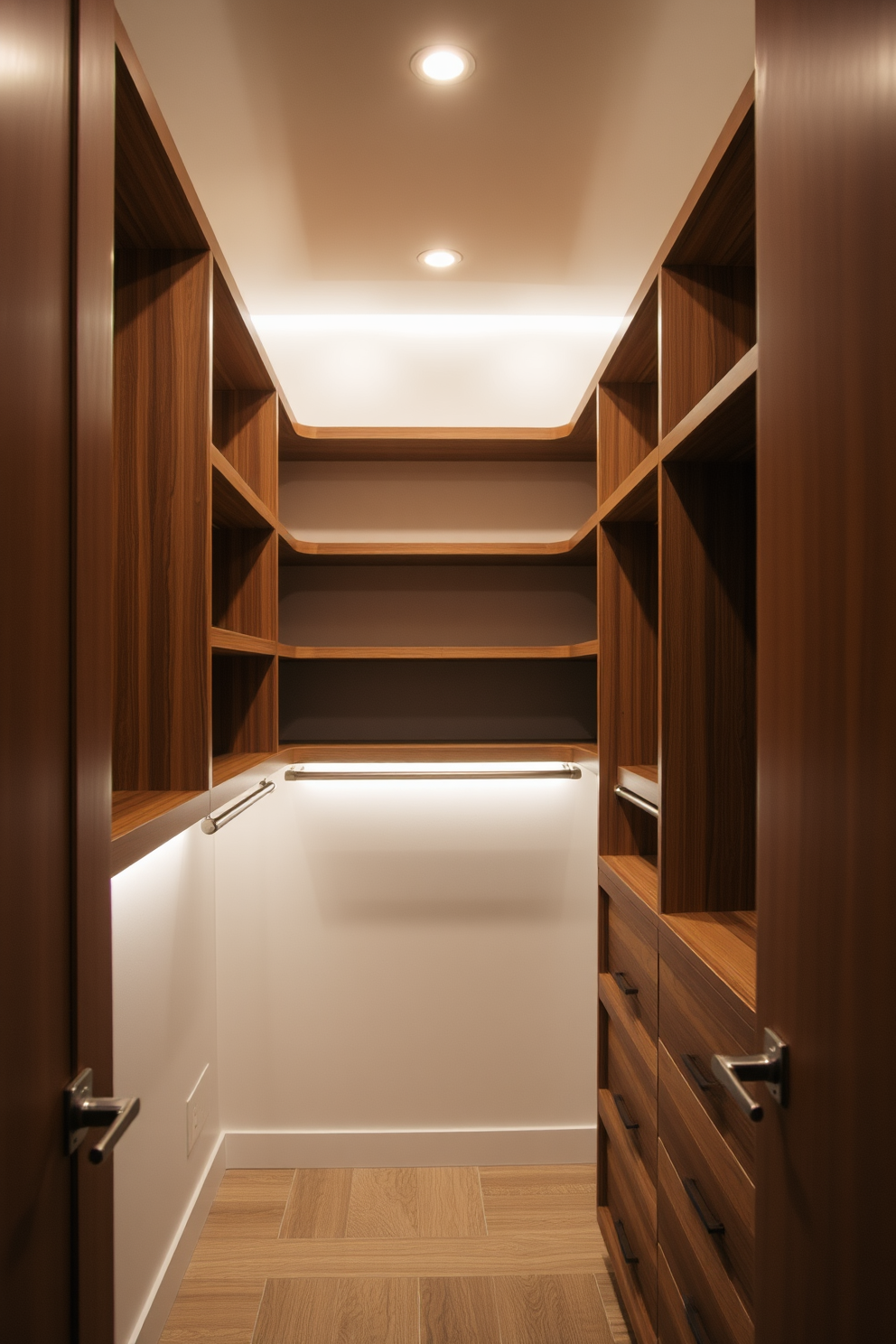 A narrow walk-in closet featuring built-in lighting that illuminates the space effectively. The design includes custom shelving and hanging rods made from rich wood, providing ample storage while maintaining a sleek appearance.