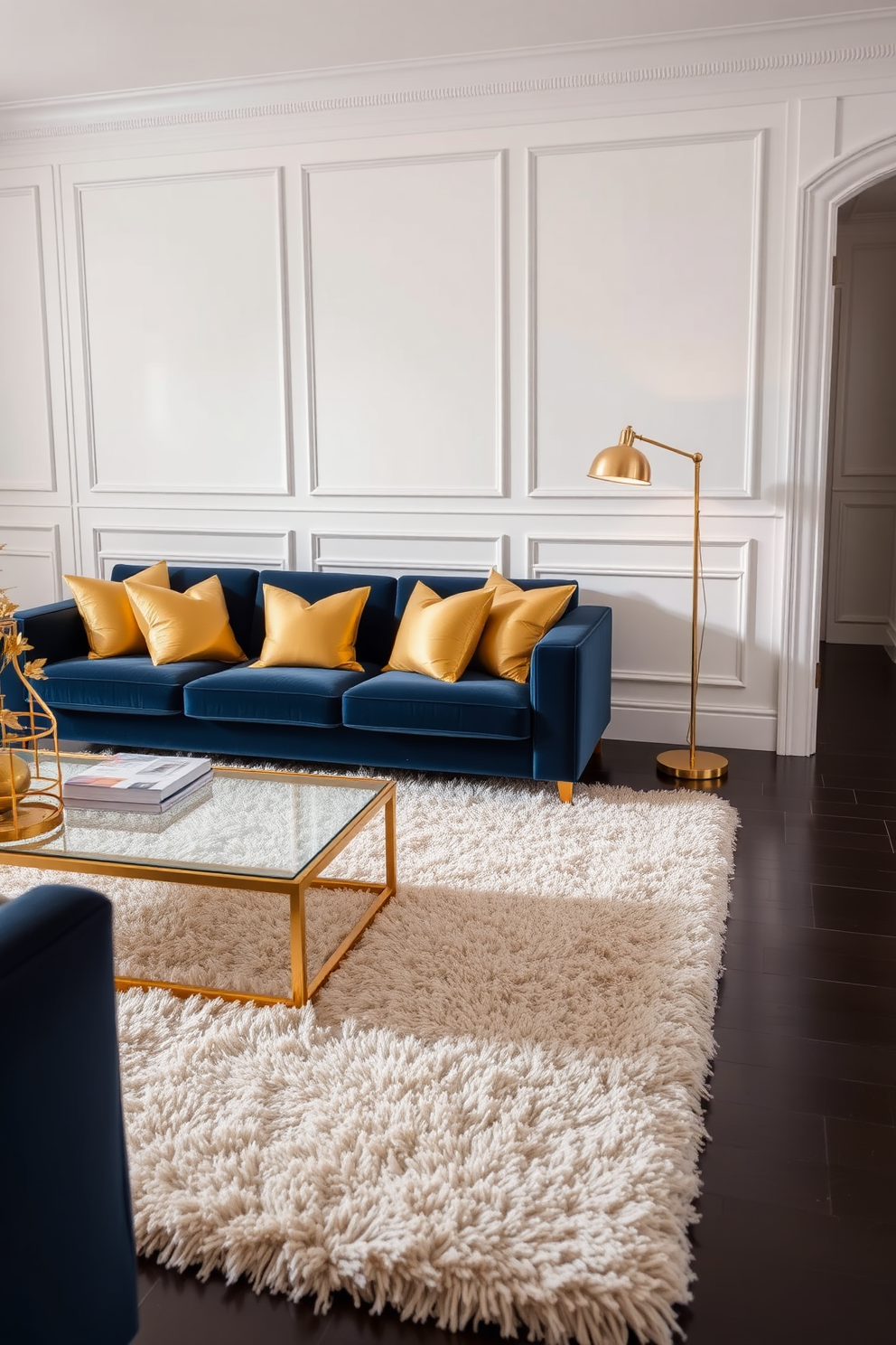 A luxurious living room featuring a navy blue couch adorned with gold accent pillows. The walls are painted a soft white, and a plush area rug in neutral tones anchors the space. Adjacent to the couch, a sleek gold coffee table complements the overall design. A stylish floor lamp with a gold finish stands next to the couch, providing warm ambient lighting.