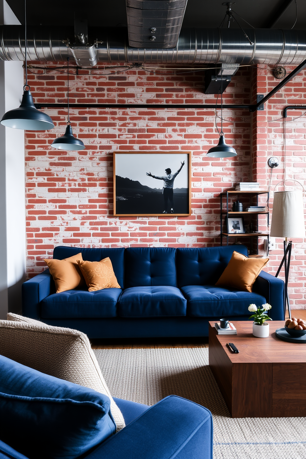 A stylish living room featuring industrial decor elements. A navy blue sofa takes center stage against exposed brick walls, complemented by metal light fixtures and wooden accents.