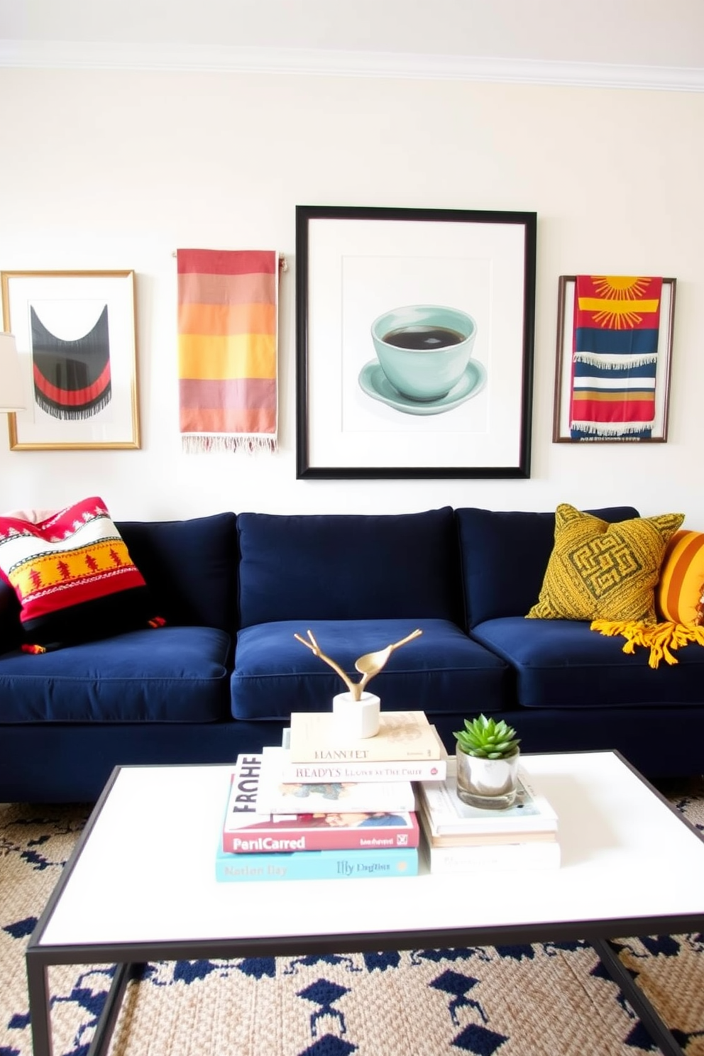 A navy couch serves as the centerpiece of the living room, complemented by vibrant throw blankets in various colors. The space features a stylish coffee table adorned with decorative books and a small plant, creating a cozy and inviting atmosphere.