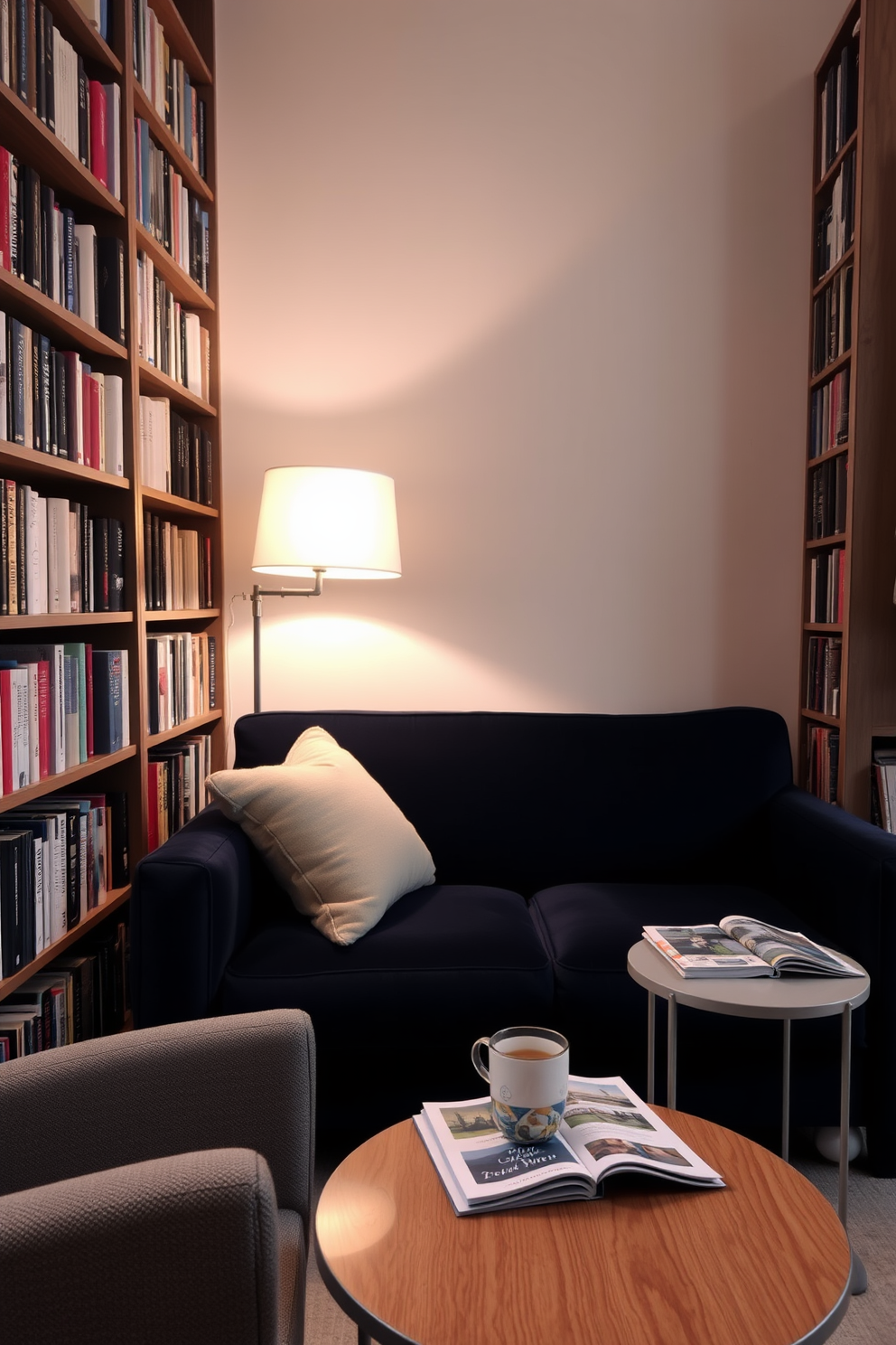 A cozy reading nook featuring a plush navy sofa positioned against a wall lined with bookshelves filled with an array of books. Soft lighting from a nearby floor lamp creates a warm ambiance, while a small side table holds a steaming cup of tea and a stack of magazines.