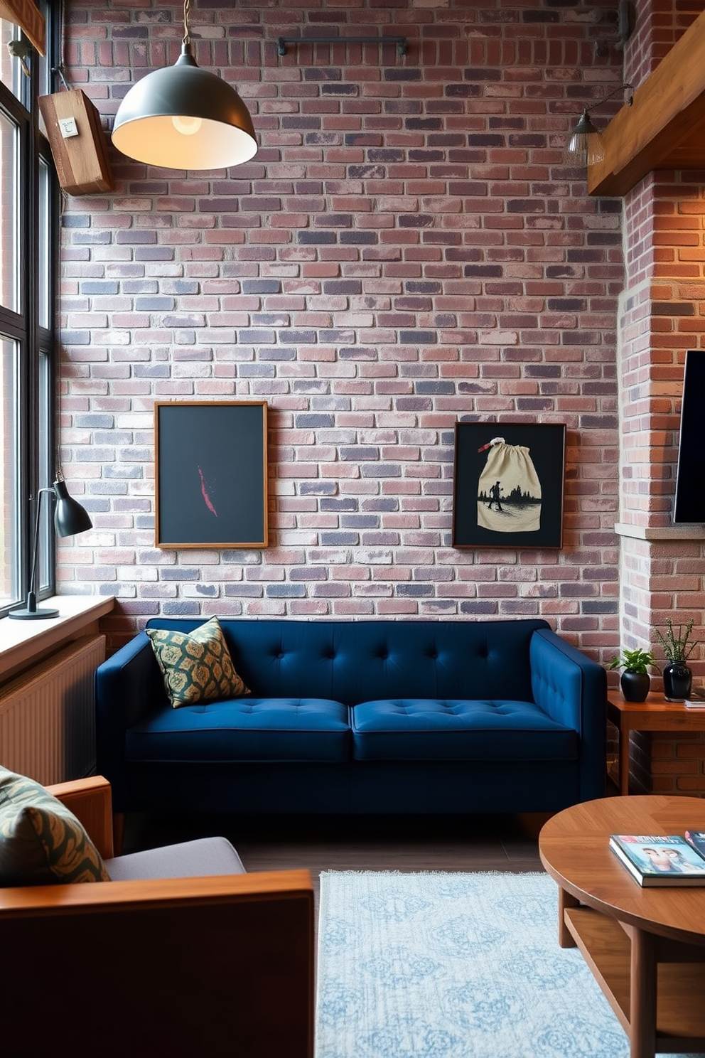 A stylish living room featuring a navy blue couch positioned against a rustic brick wall. The space is accented with warm wooden elements and soft lighting to create a cozy atmosphere.