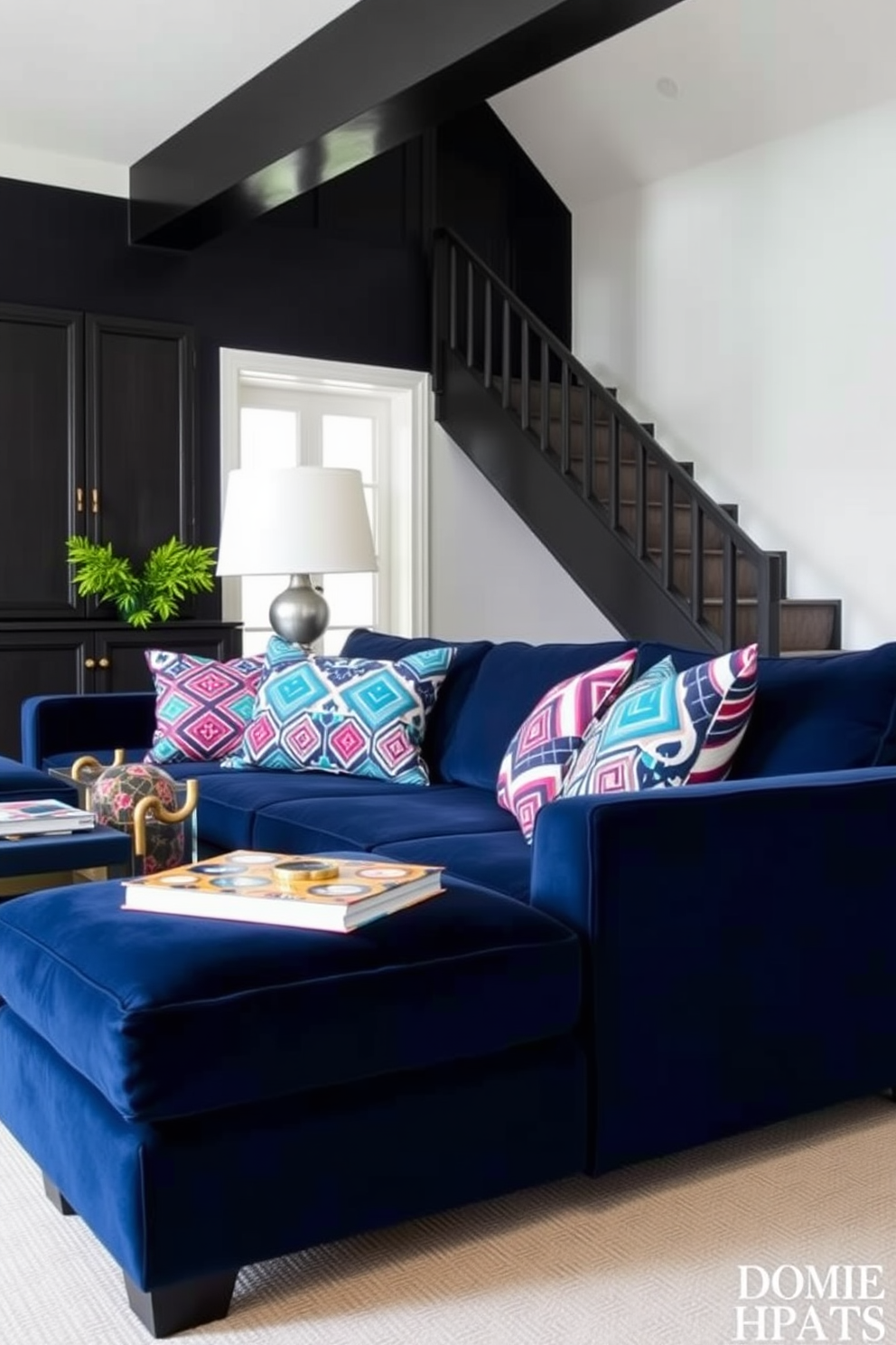 A navy sofa is the centerpiece of a stylish living room, adorned with geometric patterned cushions in vibrant colors. The walls are painted in a soft white, creating a bright and airy atmosphere that complements the rich navy tones.