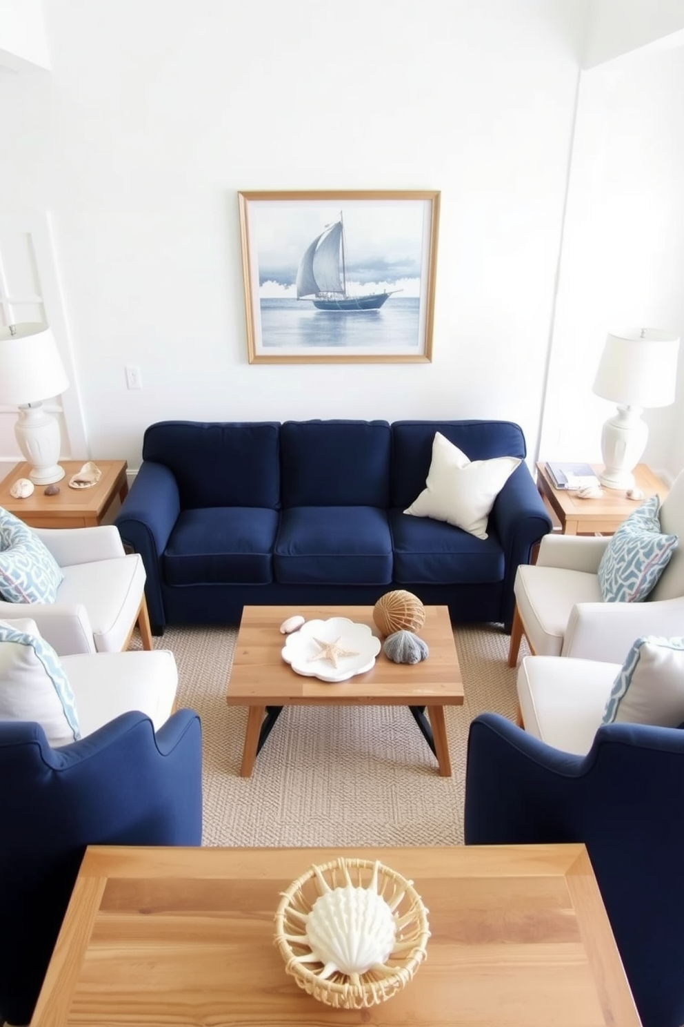 A coastal themed living room features a navy blue couch that serves as the centerpiece of the space. Surrounding the couch are light-colored accent chairs and a natural wood coffee table, creating a relaxed and inviting atmosphere. The walls are painted in a soft white, enhancing the brightness of the room. Decorative elements include seashells and nautical artwork, adding to the coastal charm of the design.