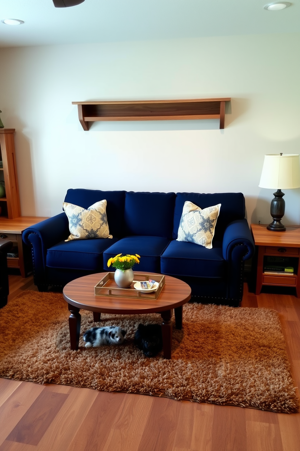 A cozy living room featuring a navy blue couch as the centerpiece. Surrounding the couch are wooden accents such as a coffee table and shelves, creating a warm rustic charm. The walls are adorned with soft beige tones, complementing the navy and wood elements. A plush area rug with earthy tones anchors the space, while decorative throw pillows add a pop of color.