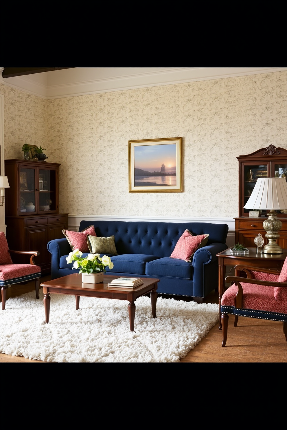 A classic navy sofa is the focal point of a traditional living room, complemented by elegant wooden furniture and rich textiles. The walls are adorned with soft cream wallpaper, and a plush area rug anchors the space, adding warmth and comfort.