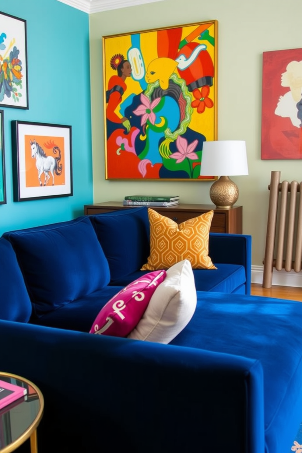 A stylish living room featuring a navy blue couch as the centerpiece. The walls are adorned with a gallery wall showcasing an eclectic mix of framed art and photographs, creating a vibrant backdrop.