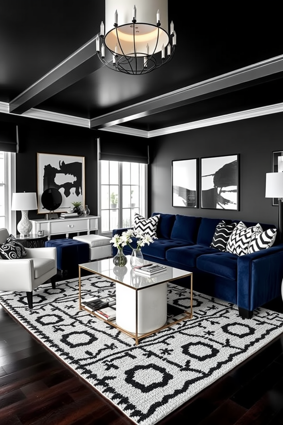 A striking living room featuring bold black and white decor elements creates a dramatic contrast against the rich navy blue couch. The walls are adorned with black and white artwork, while a sleek coffee table sits atop a geometric patterned rug that complements the color scheme.