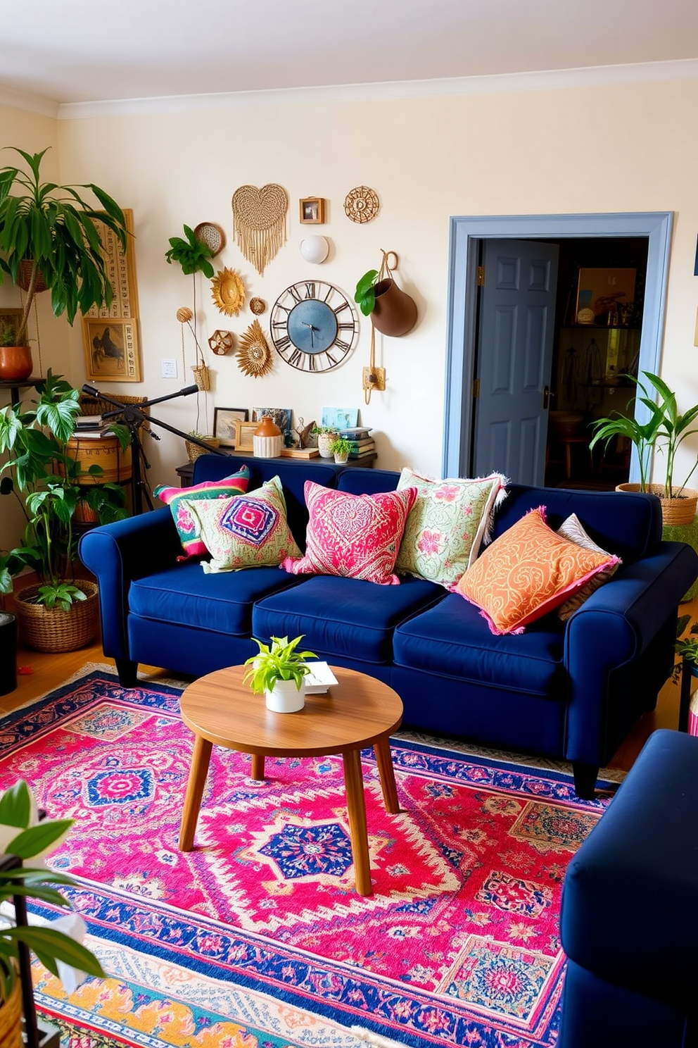 A cozy living room featuring a navy blue couch adorned with colorful patterned throw pillows. The walls are painted in a soft cream color, and a vibrant area rug with geometric designs lies beneath the couch. In the background, a mix of vintage and modern decor elements create an eclectic bohemian vibe. Potted plants are scattered throughout the space, adding a touch of greenery and warmth to the room.