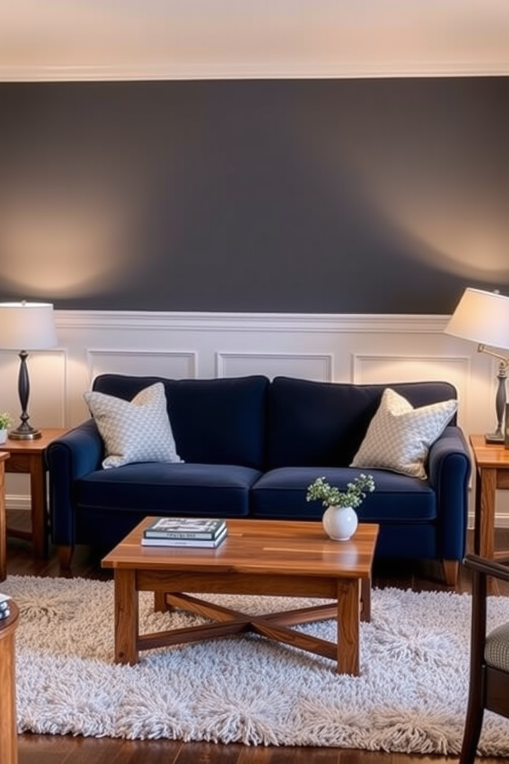 A navy blue sofa is the centerpiece of a cozy living room, complemented by warm wood tones in the furniture. The room features a wooden coffee table and side tables that harmonize beautifully with the rich blue of the couch. Soft lighting from stylish lamps casts a warm glow, enhancing the inviting atmosphere. A plush area rug anchors the seating area, adding texture and comfort to the space.