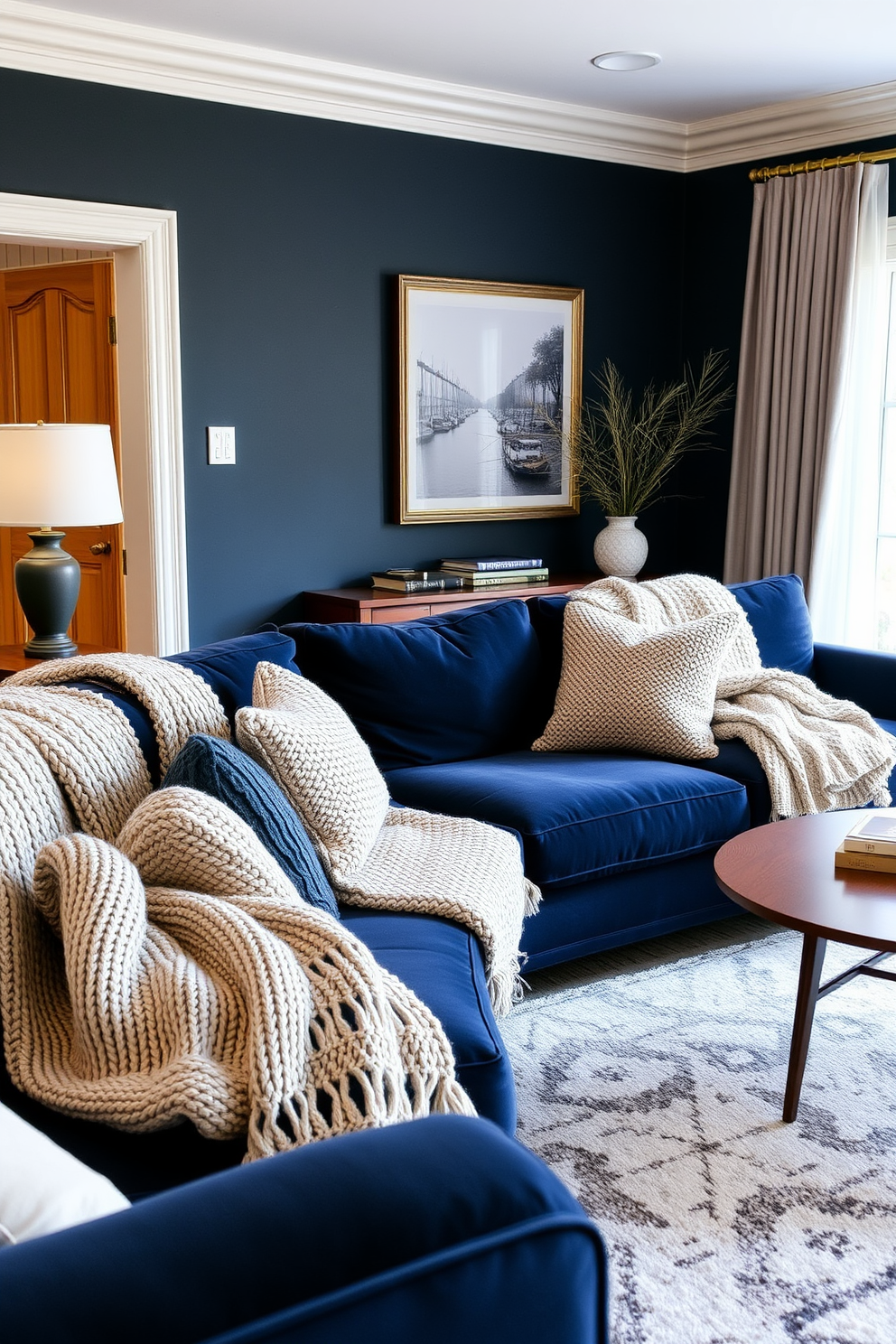 A luxurious living room featuring a navy couch adorned with soft textured knitted throws. The space is complemented by warm wooden accents and a cozy area rug that ties the room together.