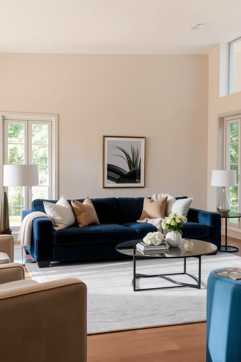 A navy blue sofa takes center stage in a living room filled with neutral tones. Soft beige walls complement the rich color of the couch, while a light gray area rug anchors the space beneath a stylish coffee table. The room features a mix of textures, including plush throw pillows and a cozy knitted blanket draped over the sofa. Natural light floods in through large windows, illuminating the elegant decor and creating a warm, inviting atmosphere.