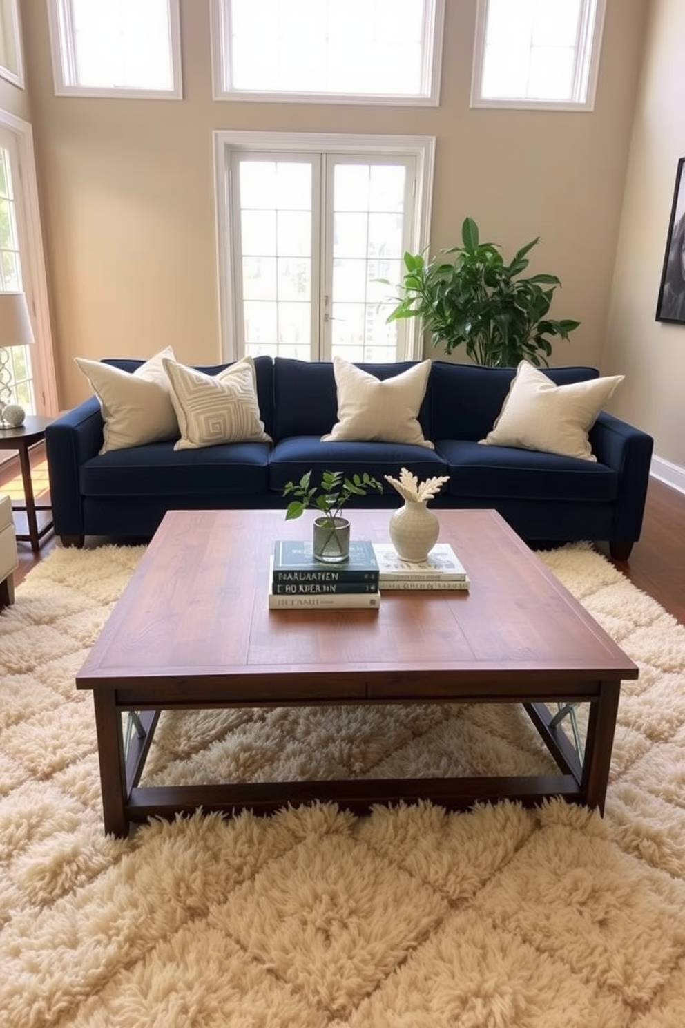 A cozy living room featuring a navy blue couch adorned with cream-colored throw pillows. The walls are painted a soft beige, and a plush cream rug anchors the space, adding warmth and comfort. In the background, a stylish wooden coffee table sits atop the rug, complemented by decorative books and a small potted plant. Floor-to-ceiling windows allow natural light to flood the room, enhancing the layered textures throughout the design.