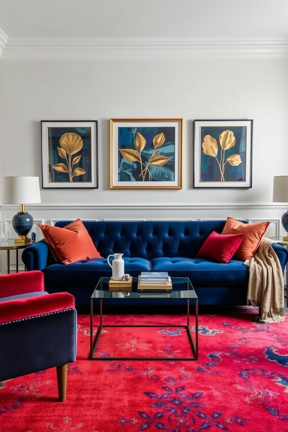 A stylish living room featuring a navy blue couch as the focal point. Surrounding the couch are rich jewel tones in the form of plush throw pillows and a vibrant area rug that adds warmth and depth to the space. The walls are painted in a soft neutral tone to create a balanced backdrop. Elegant artwork with gold accents adorns the walls, complementing the luxurious color palette and enhancing the overall sophistication of the room.