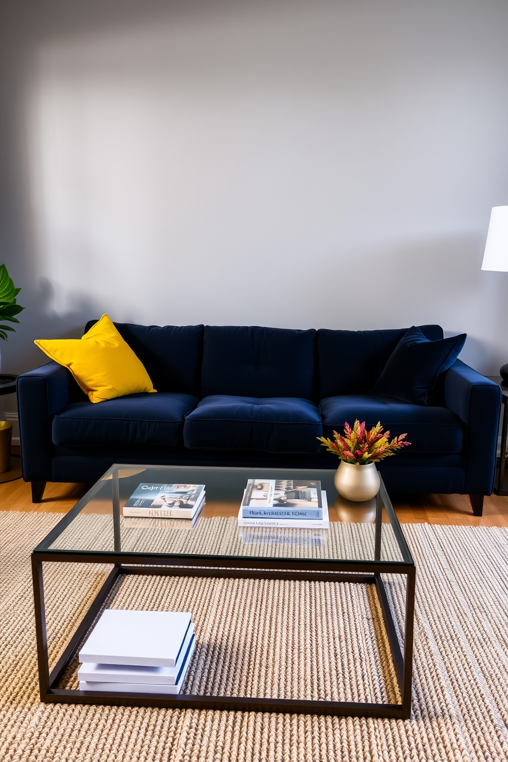 A navy couch is the centerpiece of a stylish living room, adorned with bold yellow pillows that add a pop of color. The walls are painted in a soft gray, creating a serene backdrop that enhances the richness of the navy and yellow combination. A modern coffee table with a glass top sits in front of the couch, complemented by a textured area rug in neutral tones. Decorative elements like a stack of books and a vibrant plant complete the inviting atmosphere of the space.