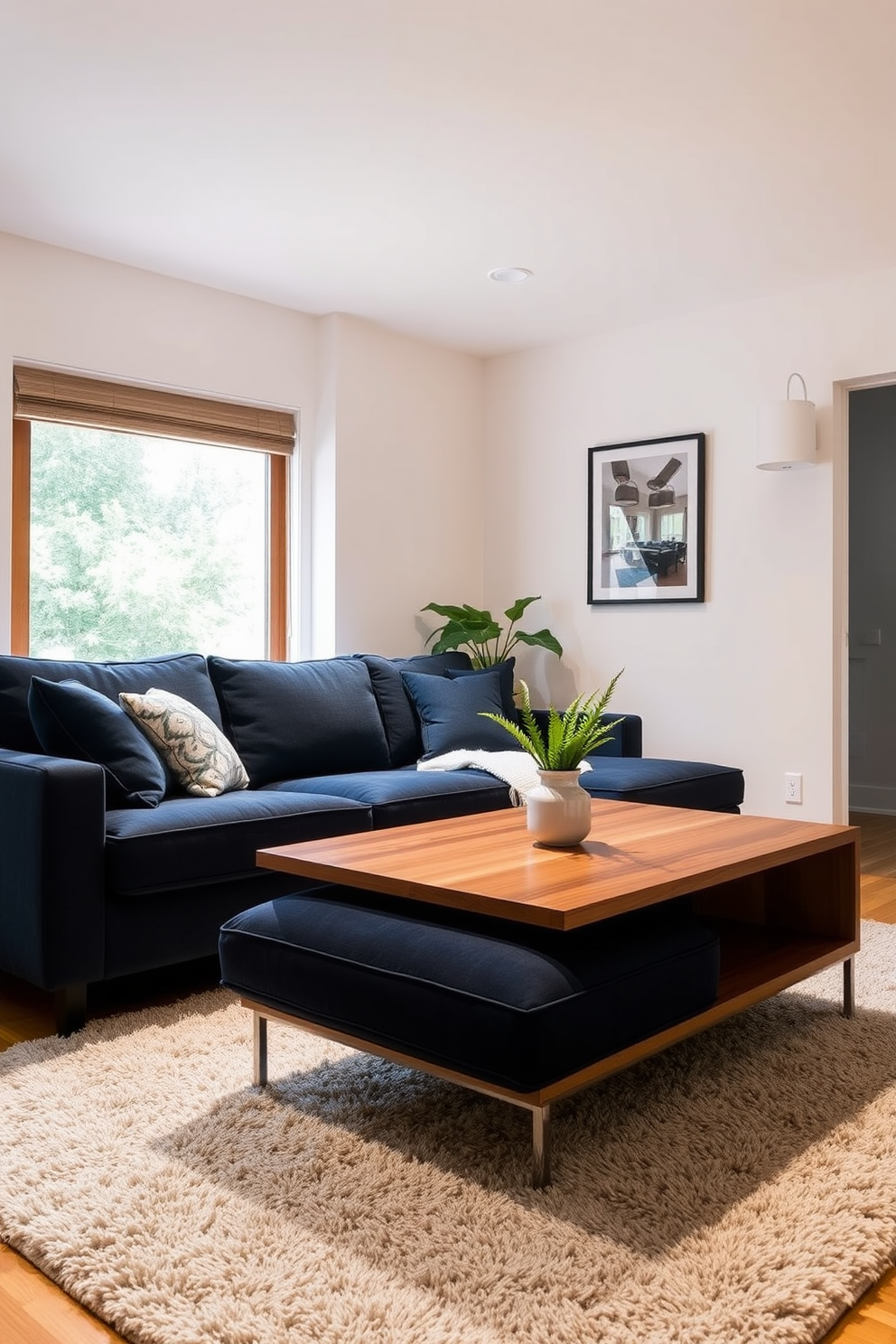 A cozy living room featuring a navy blue couch that invites relaxation. The couch is complemented by a sleek wooden coffee table, adding warmth and texture to the space. Soft lighting illuminates the room, highlighting the rich hues of the navy fabric. A plush area rug anchors the seating area, creating a welcoming atmosphere.