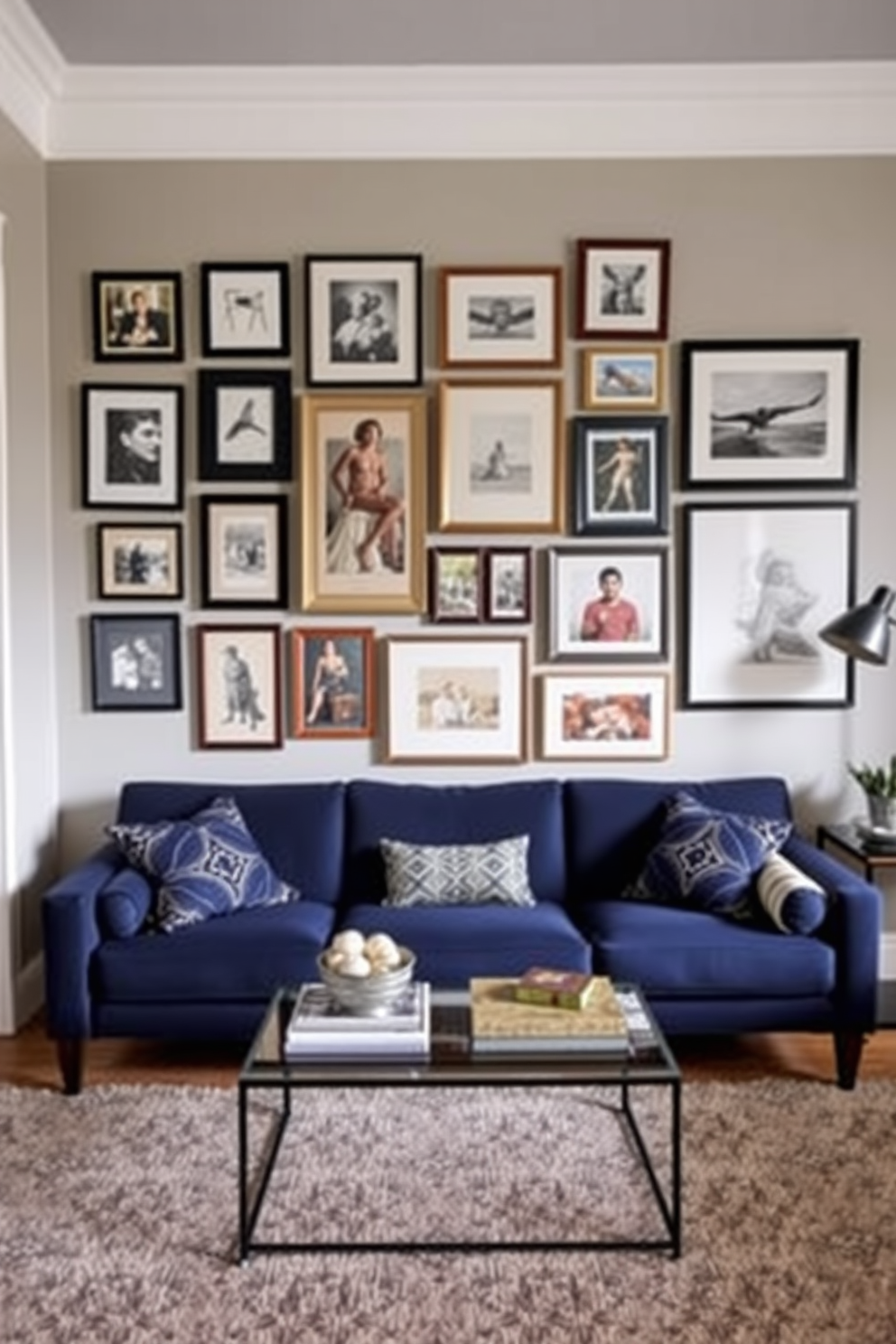 A bright and inviting living room featuring a navy blue couch as the focal point. The space is adorned with light rugs that enhance the overall brightness and warmth of the room. Soft throw pillows in complementary colors are arranged on the couch for added comfort and style. Large windows allow natural light to flood the area, creating a cozy and welcoming atmosphere.