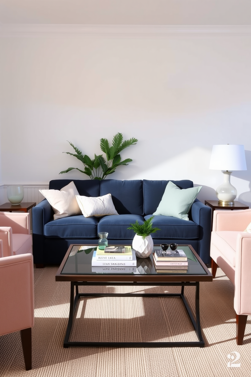 A cozy living room featuring a navy blue couch as the focal point. Surrounding the couch are soft pastel accent chairs and cushions, creating a harmonious blend of colors. The walls are painted in a light pastel hue, enhancing the room's airy feel. A stylish coffee table sits in front of the couch, adorned with decorative books and a small plant for added charm.