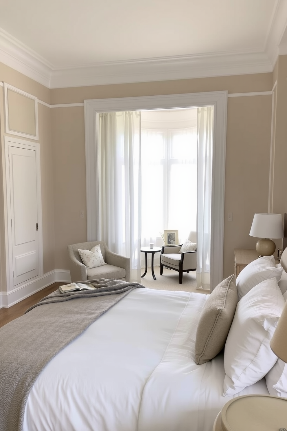 Soft beige walls with white trim create a serene and inviting atmosphere in the neutral bedroom. A plush king-sized bed is centered against the wall, adorned with crisp white linens and a soft gray throw blanket. Natural light filters in through sheer white curtains, illuminating a cozy reading nook with a comfortable armchair and a small side table. A minimalist dresser in light wood complements the overall aesthetic, while a few carefully chosen decorative accents add a touch of warmth.