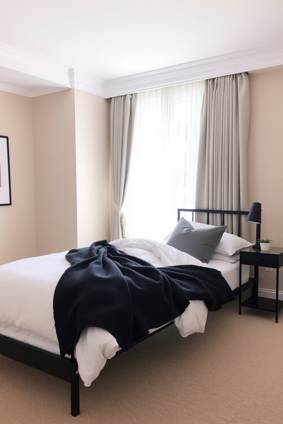 A serene bedroom featuring woven baskets for stylish storage. The baskets are placed under a wooden bed frame and beside a cozy armchair, adding both functionality and texture to the space. The walls are painted in soft beige tones, complemented by crisp white bedding and natural fiber rugs. A minimalist nightstand holds a small potted plant, enhancing the tranquil atmosphere of the room.