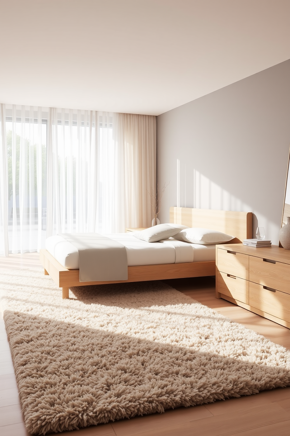 A serene bedroom setting featuring sleek furniture in light oak finishes. The bed has a simple yet elegant design with soft white bedding and minimalist bedside tables. Natural light filters through sheer curtains, creating a warm and inviting atmosphere. A plush area rug in neutral tones adds comfort and ties the room together beautifully.