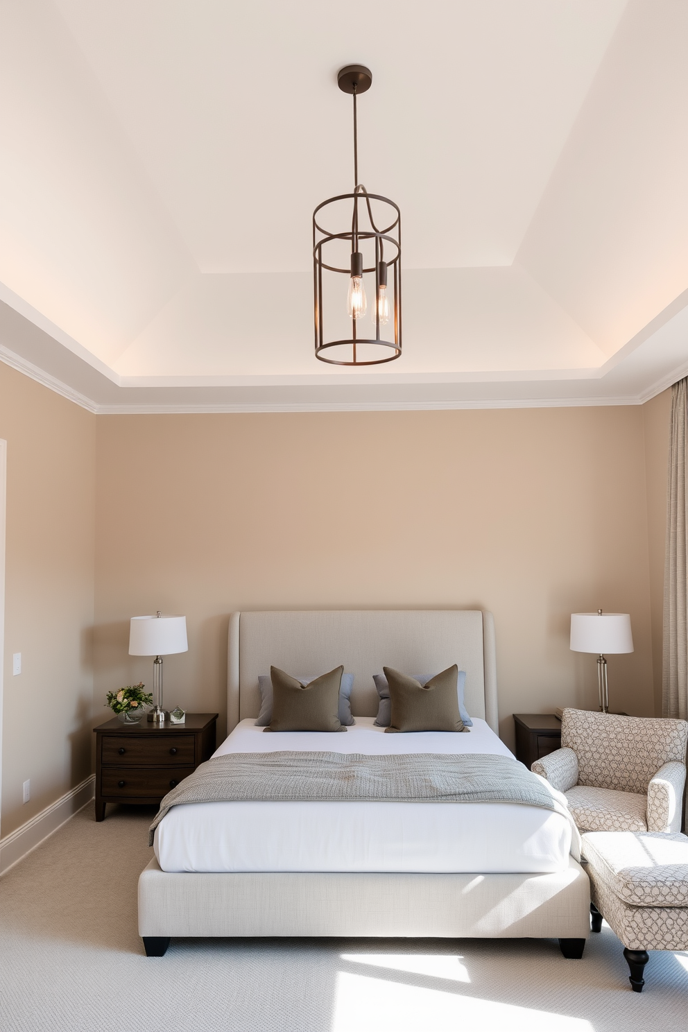 A serene bedroom featuring sleek modern lamps in soft tones. The walls are painted in a gentle beige, and the bedding is layered with light gray and white textures for a calming effect.