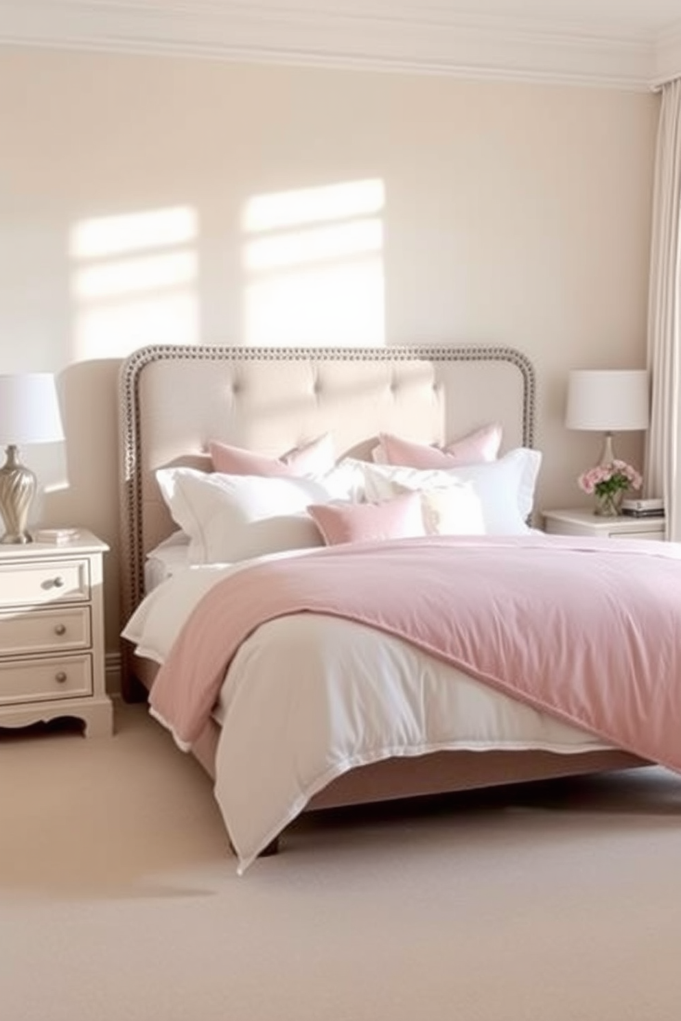 A serene neutral bedroom featuring a cream and blush color scheme. The walls are painted in a soft cream tone, while the bedding incorporates blush accents for a harmonious look. A plush upholstered headboard sits against the wall, complemented by matching nightstands on either side. Natural light filters through sheer curtains, creating a warm and inviting atmosphere.