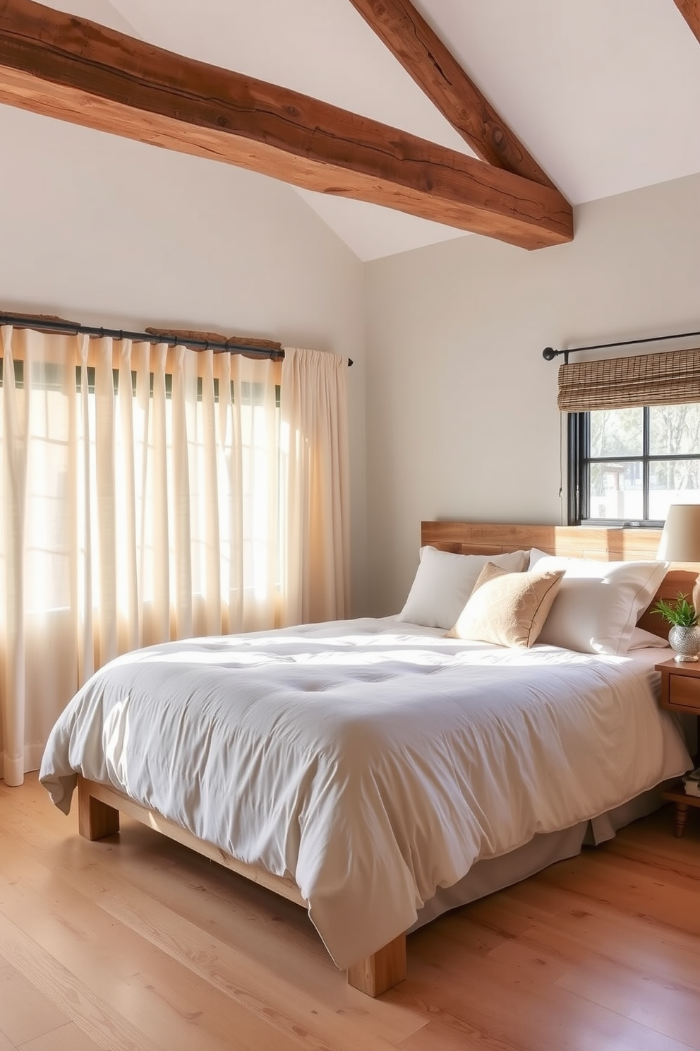 A serene bedroom featuring rustic wood elements such as a reclaimed wood bed frame and exposed ceiling beams. Soft textiles like a plush cream duvet and cozy throw pillows create a warm and inviting atmosphere. Natural light filters through sheer linen curtains, illuminating a wooden nightstand adorned with a small potted plant. The floor is finished with a light-colored hardwood, enhancing the room's tranquil and neutral palette.