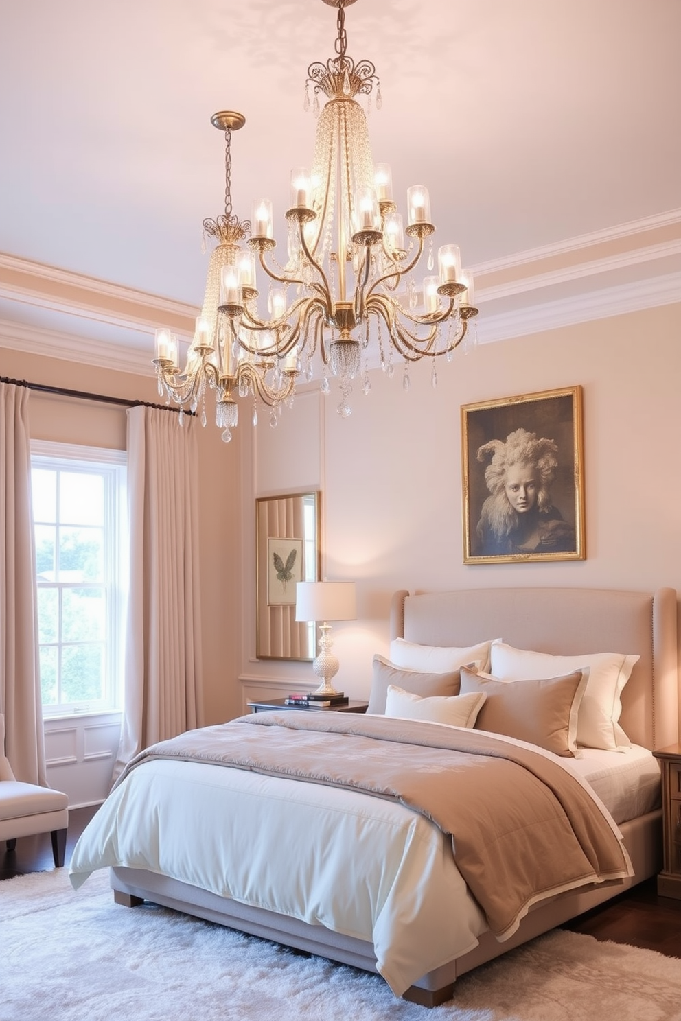 A calming bedroom infused with soft lavender tones. The walls are painted in a gentle lavender hue, complemented by white bedding and plush pillows. Natural light filters through sheer curtains, creating a serene atmosphere. A cozy reading nook with a lavender armchair and a small side table adds to the relaxing vibe.