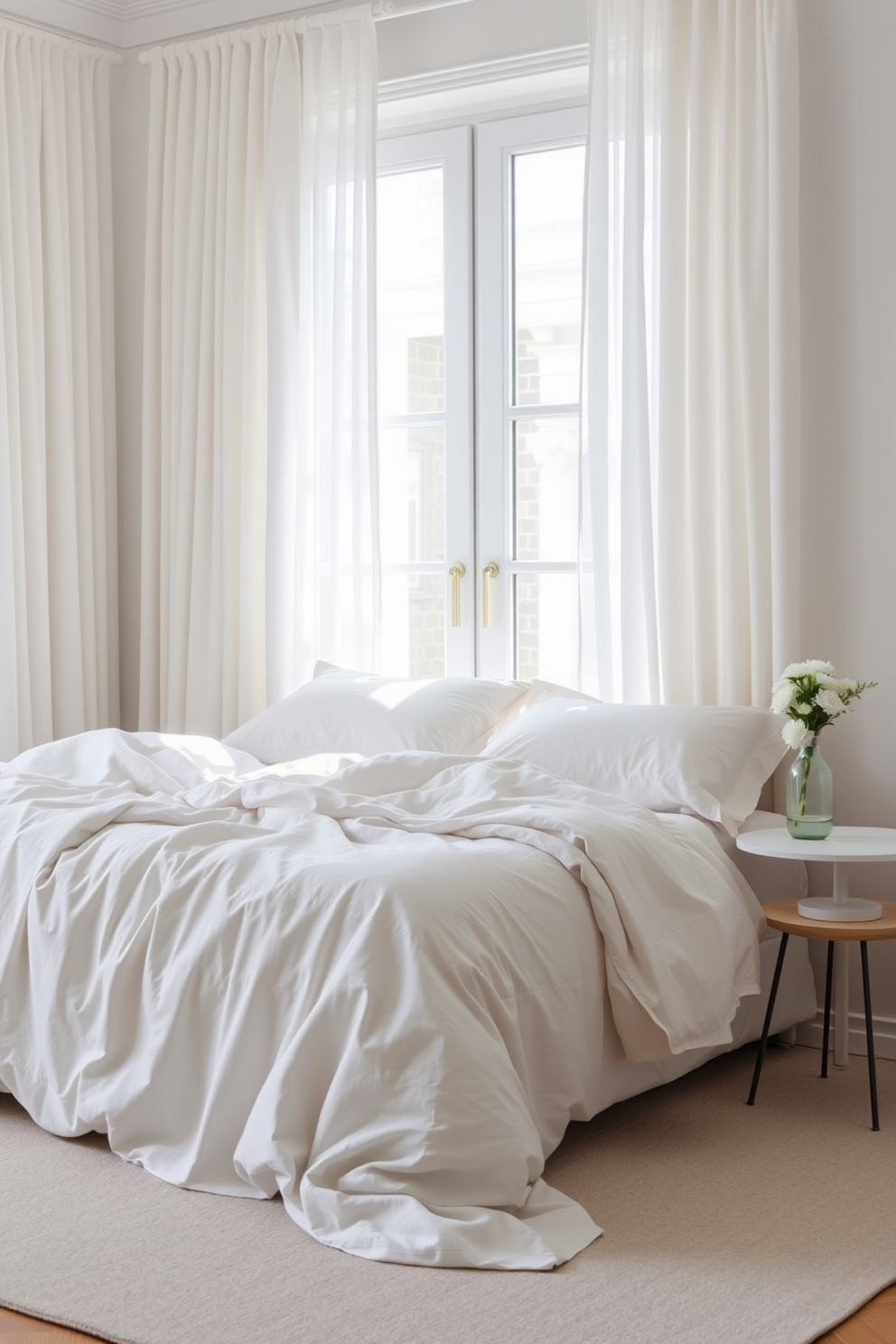 A serene neutral bedroom featuring a platform bed with crisp white linens and soft gray throw pillows. Natural light floods the room through sheer curtains, illuminating the light wood flooring and minimalist nightstands on either side of the bed. The walls are painted in a soft beige hue, creating a calming atmosphere. A simple abstract painting hangs above the bed, while a woven basket sits in the corner for added texture and warmth.