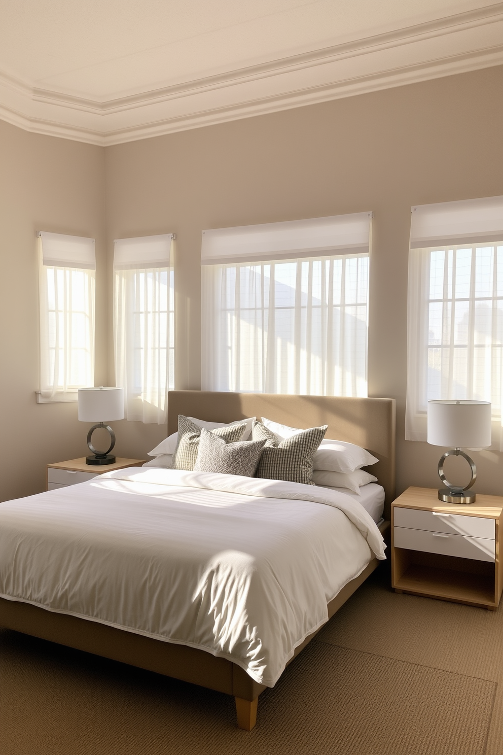 A serene bedroom setting with soft lighting that enhances the tranquil atmosphere. The walls are painted in a soft beige hue, and the bed is dressed in crisp white linens with plush throw pillows. A large window allows natural light to filter in, complemented by sheer curtains that gently diffuse the sunlight. A cozy reading nook is created with a comfortable armchair and a small side table, inviting relaxation and calm.