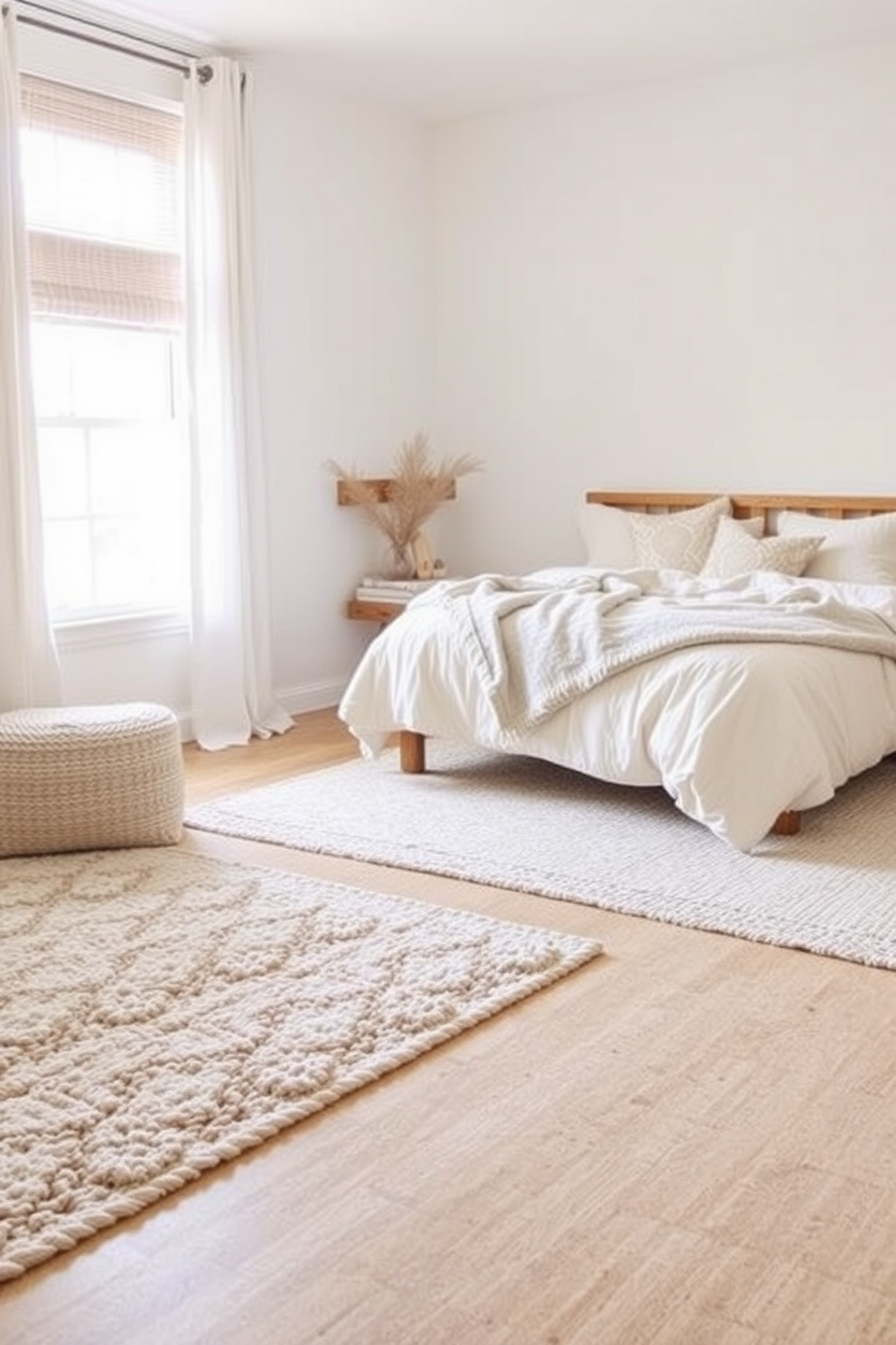 A cozy bedroom featuring a layered bed with various textures and shades of white and beige linens. The walls are painted in a soft, neutral tone, and a plush area rug lies beneath the bed, adding warmth to the space.