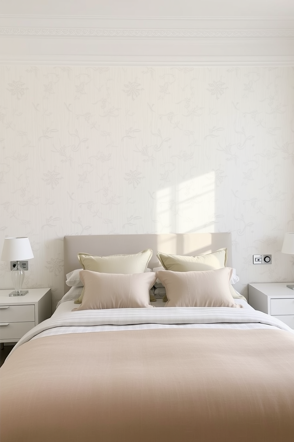 A serene bedroom featuring subtle wallpaper with delicate patterns in soft pastel hues. The room is adorned with a plush bed dressed in neutral-toned linens, complemented by a pair of sleek nightstands on either side.