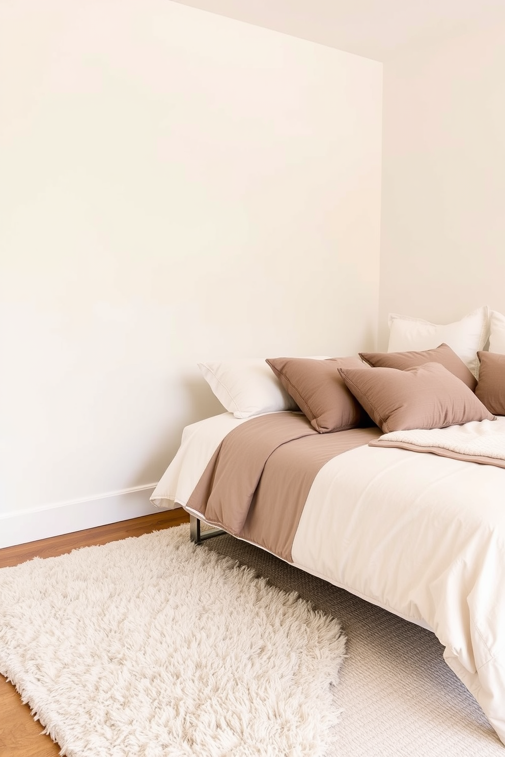 A serene bedroom setting with layered textures in cream and taupe. The walls are painted in a soft cream color, and the bedding features a mix of taupe and cream fabrics for a cozy feel. A plush area rug in a subtle pattern lies under the bed, adding warmth to the space. Decorative pillows in varying shades of taupe are arranged on the bed, complementing the overall neutral palette.