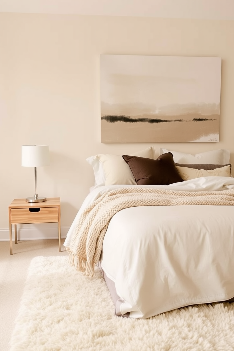 A serene neutral bedroom featuring a monochromatic color scheme. The walls are painted in a soft beige, complemented by a plush cream-colored area rug that adds warmth to the space. The bed is dressed in layered bedding with different textures, including a chunky knit throw and smooth silk pillows. A sleek wooden nightstand holds a minimalist lamp, and a large abstract painting in muted tones hangs above the bed.