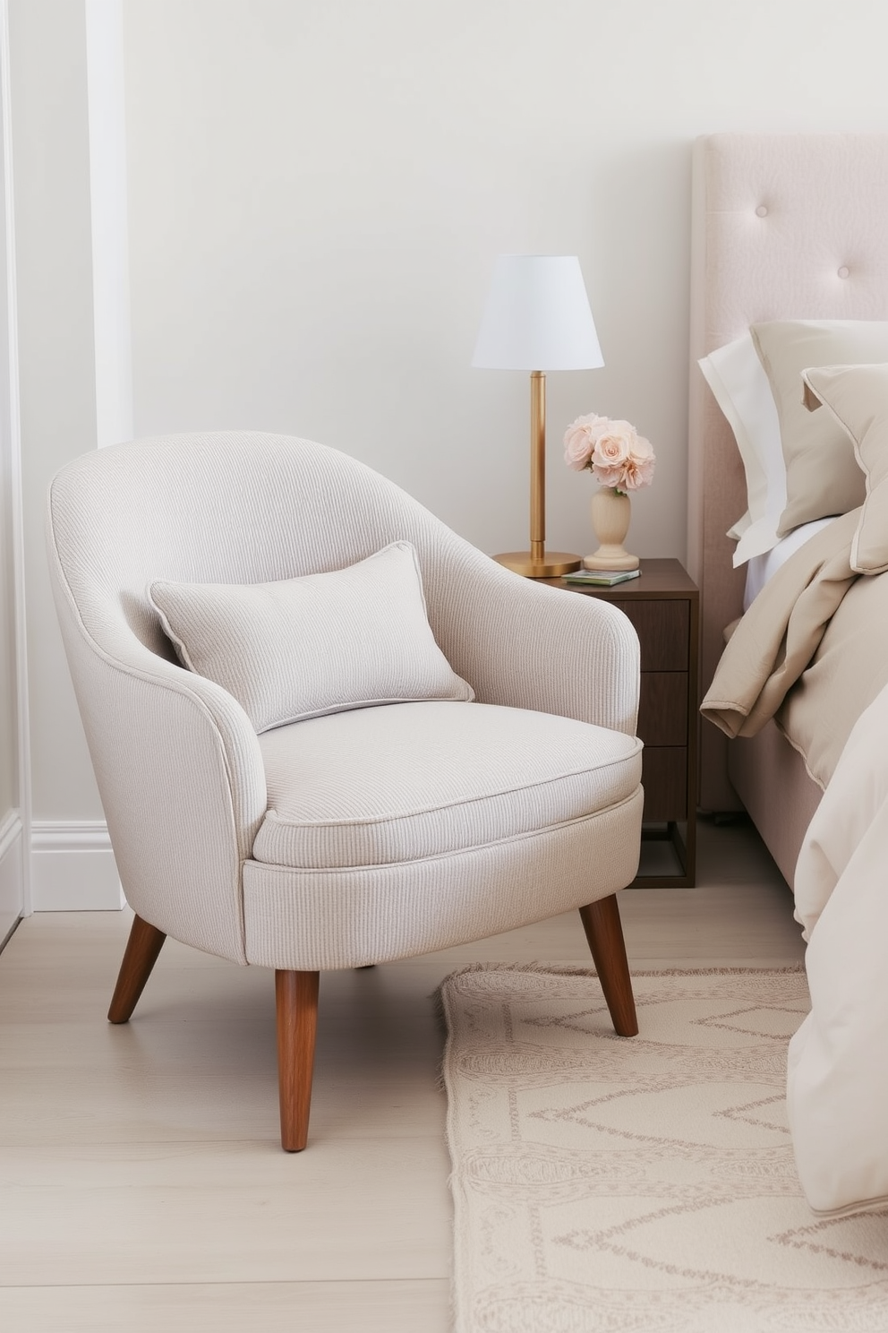 Accent chair in soft muted tones. The chair features a plush fabric with subtle texture, complemented by elegant wooden legs. Neutral bedroom design ideas. The space showcases a calming palette of beige and soft gray, with layered bedding and minimalist decor to create a serene atmosphere.