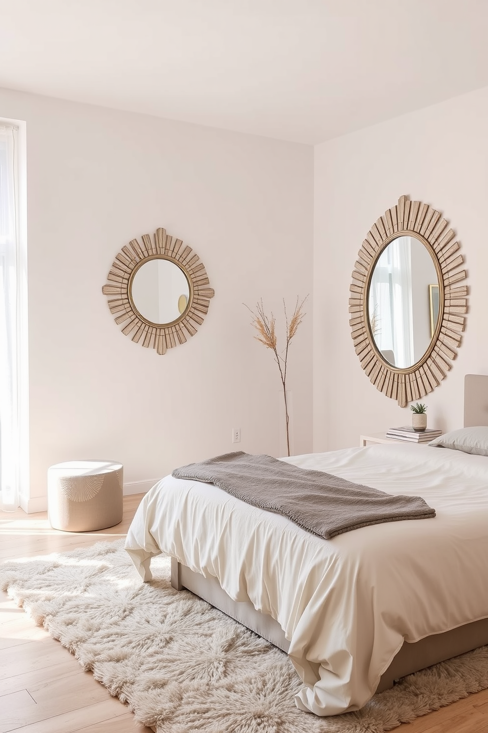 Decorative mirrors are strategically placed to reflect natural light and create an airy atmosphere. The room features soft white walls and light wood flooring, enhancing the overall brightness. The bedroom is designed with neutral tones, incorporating shades of beige, gray, and soft taupe. A plush area rug adds warmth, while minimalist furniture complements the serene aesthetic.