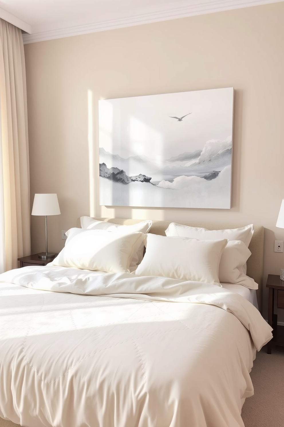 A tranquil bedroom setting featuring soft neutral tones. The walls are painted in a light beige shade, complemented by a plush cream-colored bedspread and matching pillows. A large piece of abstract artwork hangs above the headboard, showcasing gentle hues of gray and white. Natural light filters through sheer curtains, creating a serene and calming atmosphere.