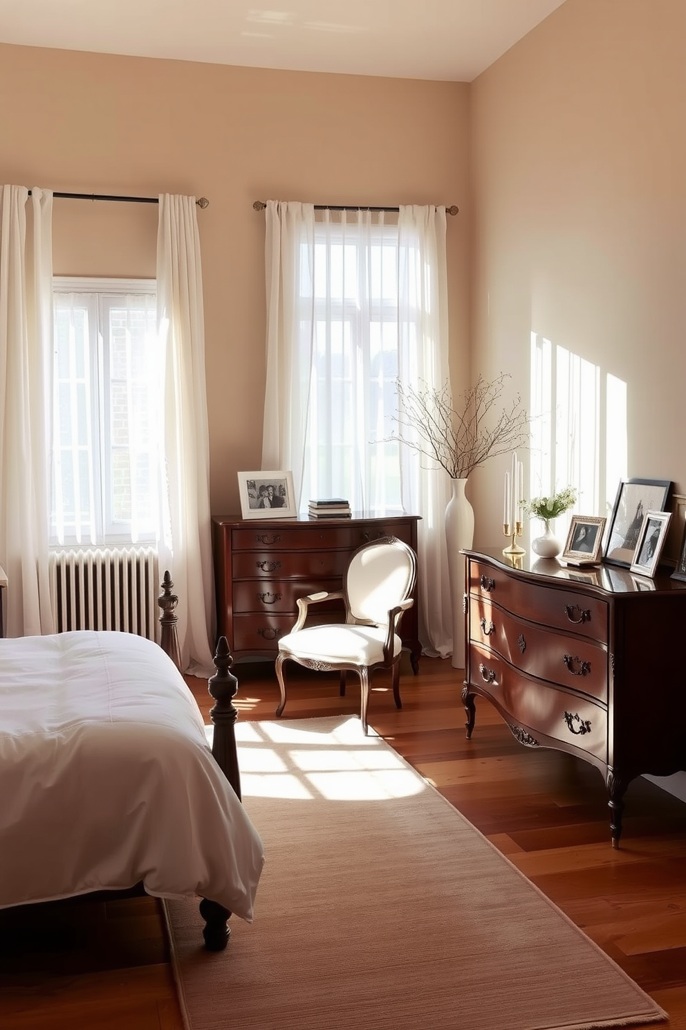 A serene bedroom featuring vintage furniture pieces harmoniously integrated into a modern neutral palette. The room includes a classic wooden bed frame with soft white linens and an antique dresser adorned with minimalistic decor. Natural light floods the space through sheer curtains, casting gentle shadows on the warm beige walls. A cozy area rug in muted tones anchors the room, while a vintage armchair adds a touch of character in the corner.