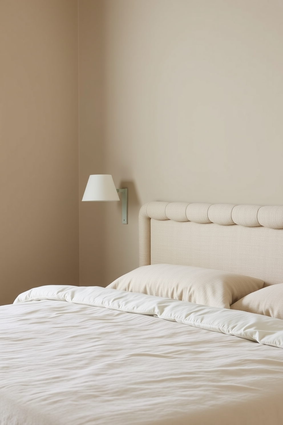 A serene bedroom featuring a cushioned headboard upholstered in soft, textured fabric. The color palette consists of muted tones, with soft beige walls and a plush area rug that complements the overall neutral theme.