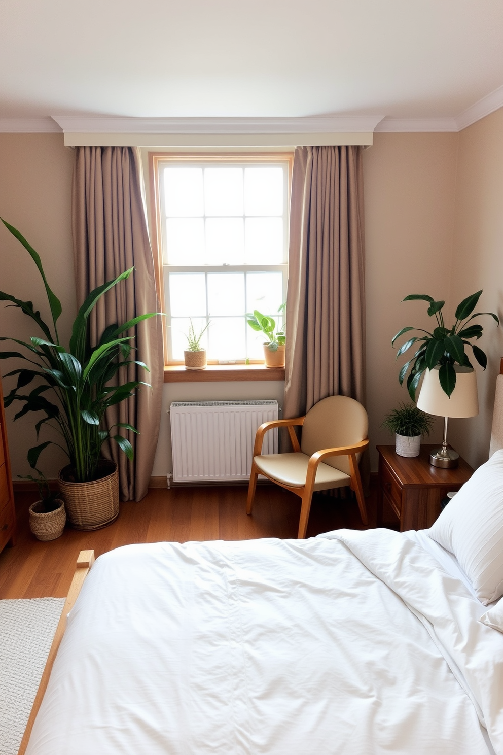 Create a serene bedroom environment that incorporates natural elements such as plants and wood. The bed features a wooden frame with soft white bedding, and potted plants are placed on either side of the window, enhancing the tranquility of the space. The walls are painted in a soft beige tone, complemented by wooden accents throughout the room. A cozy reading nook is set up in one corner with a comfortable chair and a small wooden side table, inviting relaxation.