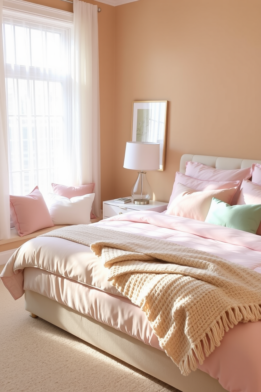 A serene bedroom featuring soft pastel accents against a neutral backdrop. The walls are painted in a warm beige tone, complemented by light pink and mint green bedding on a plush king-size bed. A cozy reading nook is situated by a large window, adorned with pastel throw pillows and a soft knitted blanket. Natural light filters through sheer curtains, creating a calming and inviting atmosphere.