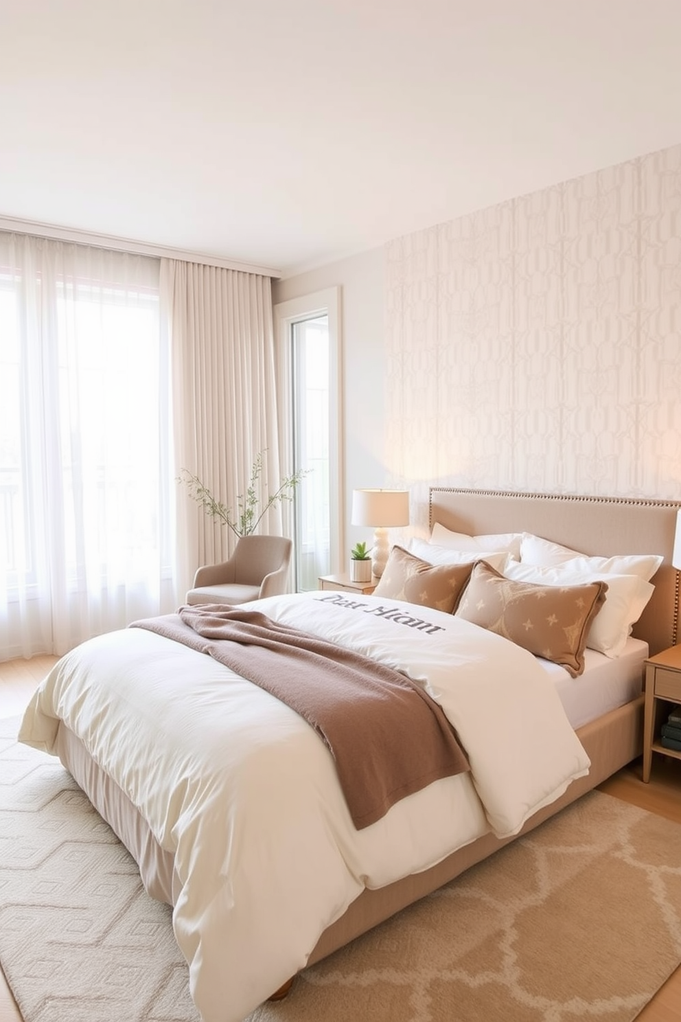 A serene bedroom featuring geometric patterns in neutral colorways. The walls are adorned with soft beige wallpaper showcasing subtle geometric shapes, while the bedding includes a mix of cream and taupe tones. A stylish area rug with a geometric design lies under the bed, complementing the overall aesthetic. Large windows let in natural light, illuminating the space and enhancing the calming atmosphere.