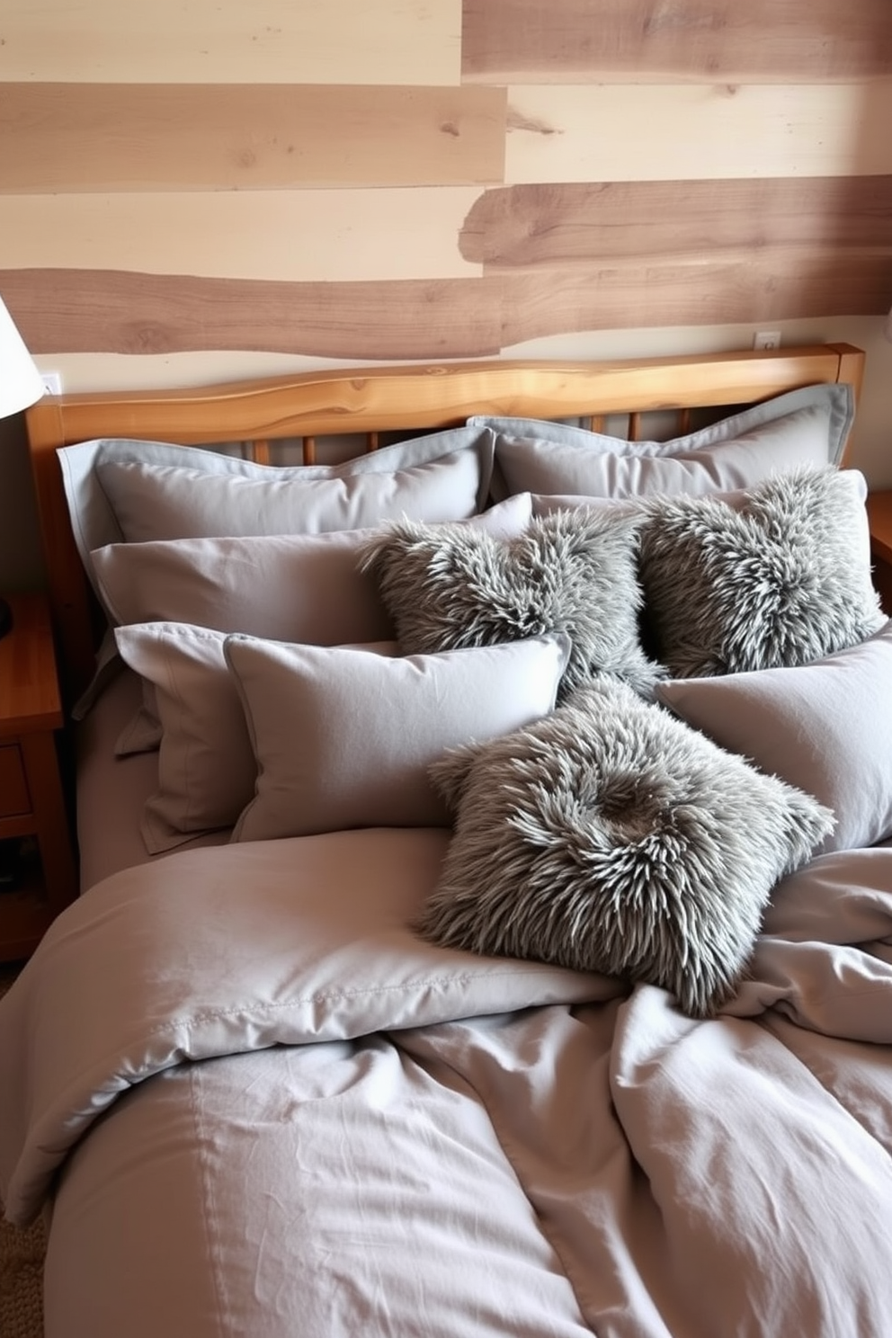 A serene bedroom featuring warm gray bedding layered with plush throw pillows. The wooden accents include a rustic bed frame and bedside tables, creating a cozy and inviting atmosphere.