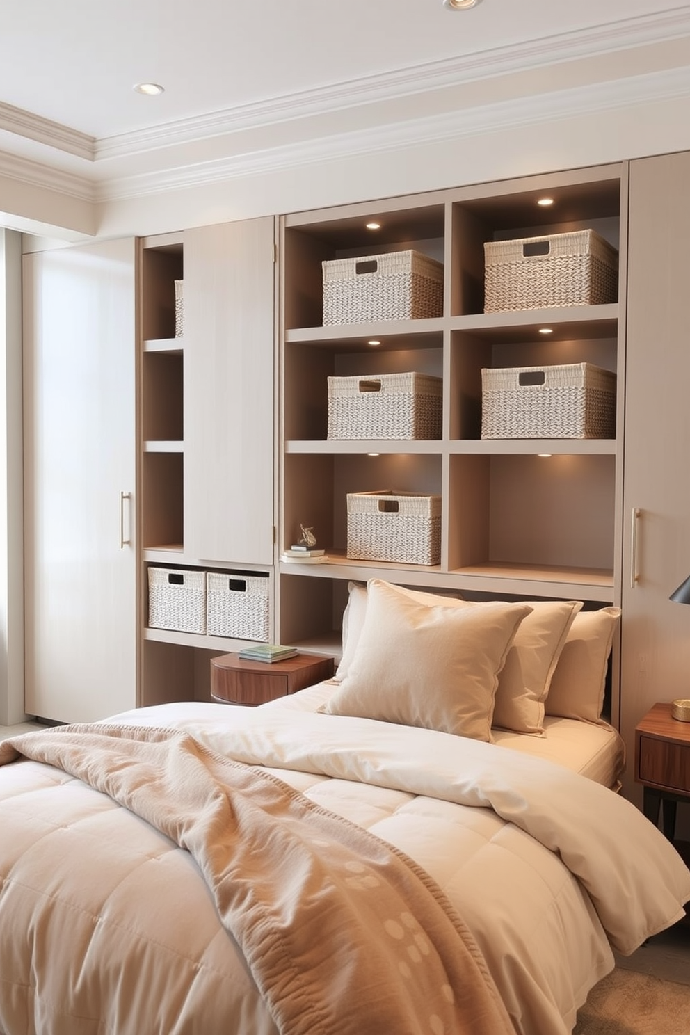 A serene neutral bedroom featuring soft beige walls and a plush cream-colored carpet. The bed is dressed in white linens with a textured throw blanket, and two elegant nightstands flank each side. Natural light filters through sheer white curtains, illuminating a cozy reading nook with a comfortable armchair and a small side table. A minimalist artwork in muted tones hangs above the bed, adding a touch of sophistication to the space.