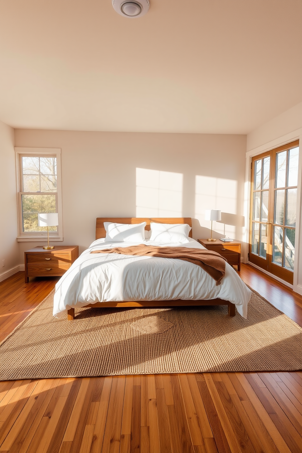 A serene neutral bedroom featuring light gray curtains that gently frame the windows. The room is adorned with a plush beige bedspread, complemented by soft white pillows and a minimalist wooden nightstand on one side.