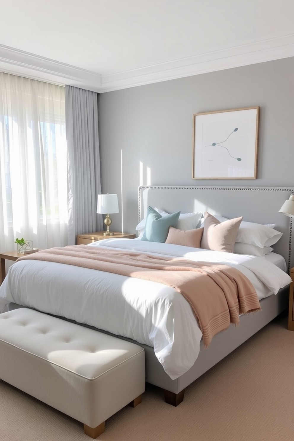 A serene bedroom featuring a soft gray color palette with a large upholstered bed dressed in crisp white linens. Accents of pastel blue and blush pink are introduced through decorative pillows and a cozy throw blanket. Natural light floods the room through sheer curtains, illuminating a simple wooden nightstand on one side of the bed. A minimalist artwork hangs above the headboard, adding interest without overwhelming the space.