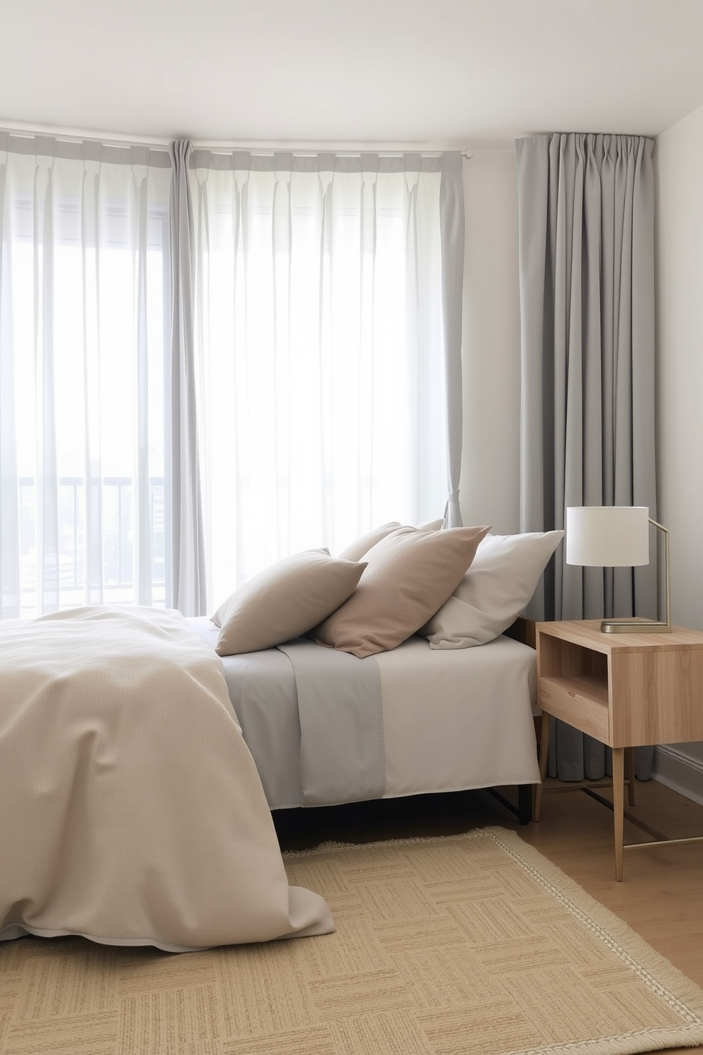 A serene bedroom space featuring light gray curtains that allow natural light to filter through, creating an airy and inviting atmosphere. The walls are painted in soft white, complemented by a plush light gray bedspread and accent pillows in various shades of beige and cream. A stylish bedside table made of light wood holds a sleek lamp with a minimalist design. The floor is adorned with a cozy area rug in neutral tones, adding warmth and texture to the overall design.